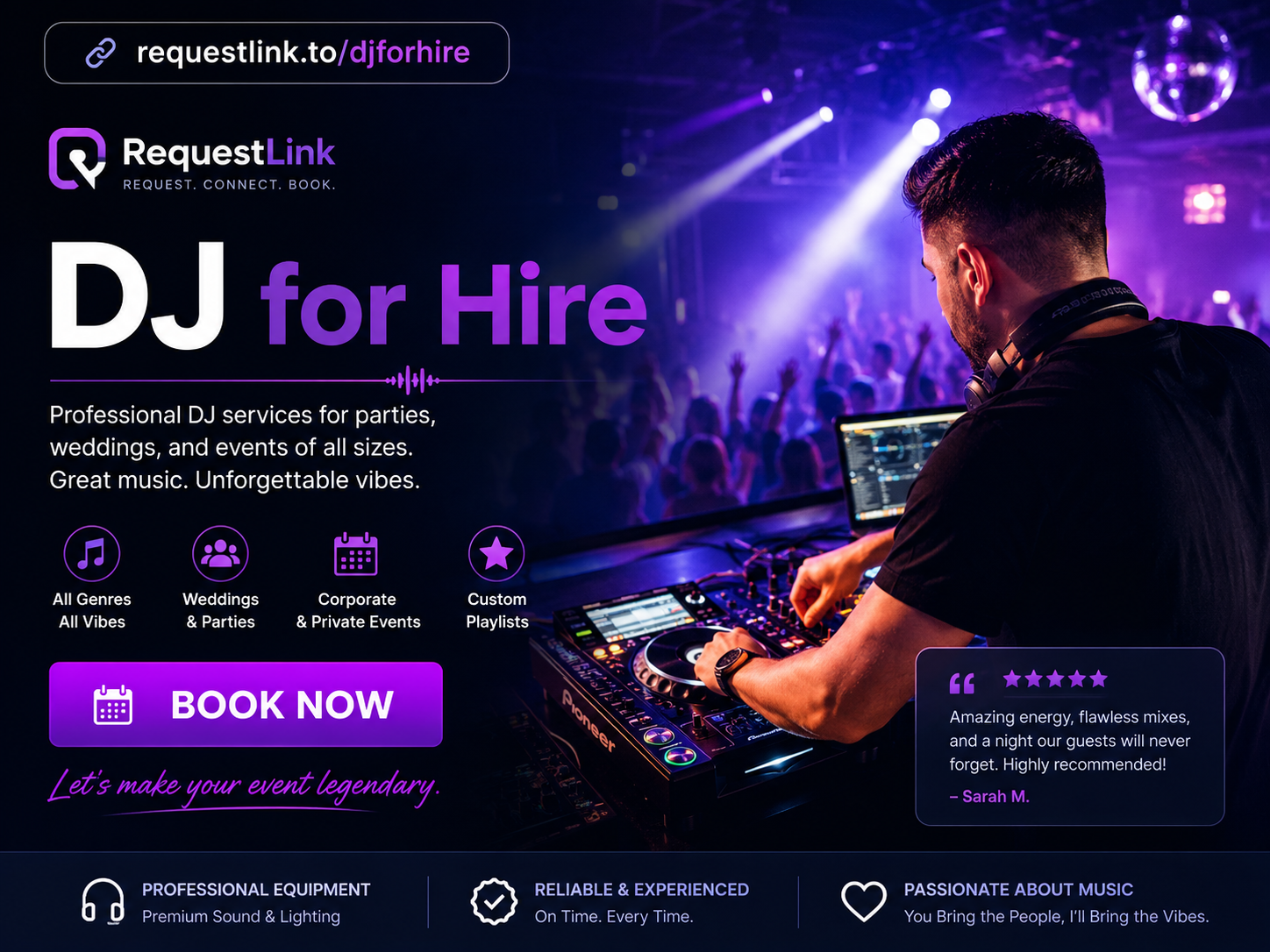 RequestLink DJ for hire page preview for parties weddings and events