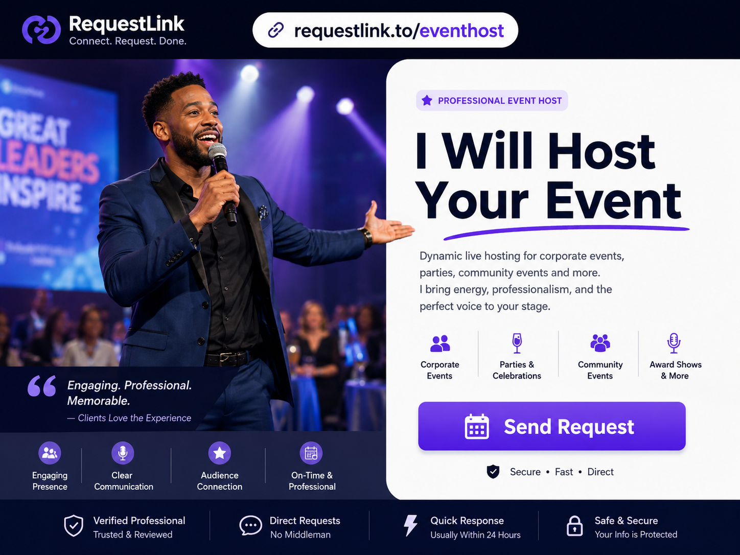 RequestLink event host for hire page preview for corporate parties and community events